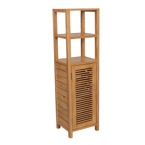 Solstice Handcrafted Pine Wood Bathroom Freestanding Floor Storage Cabinet with Louvered Door and 3-Tier Open Shelves