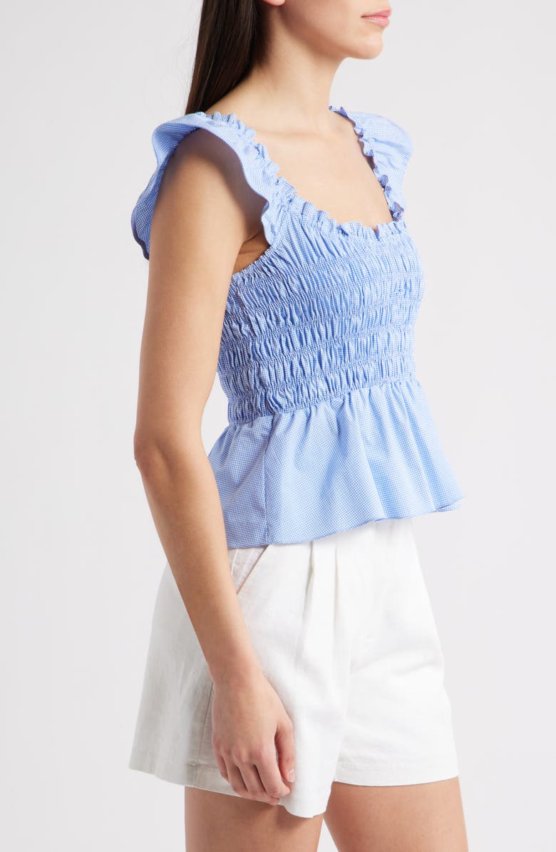 Faithfull the Brand Eudora Gingham Smocked Peplum Cotton Top, Alternate, color, Micro Gingham Soft Blue