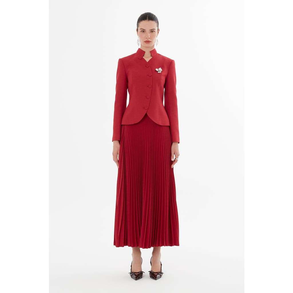 Gizia Double-breasted Jacket And Pleated Skirt Set In Burgundy