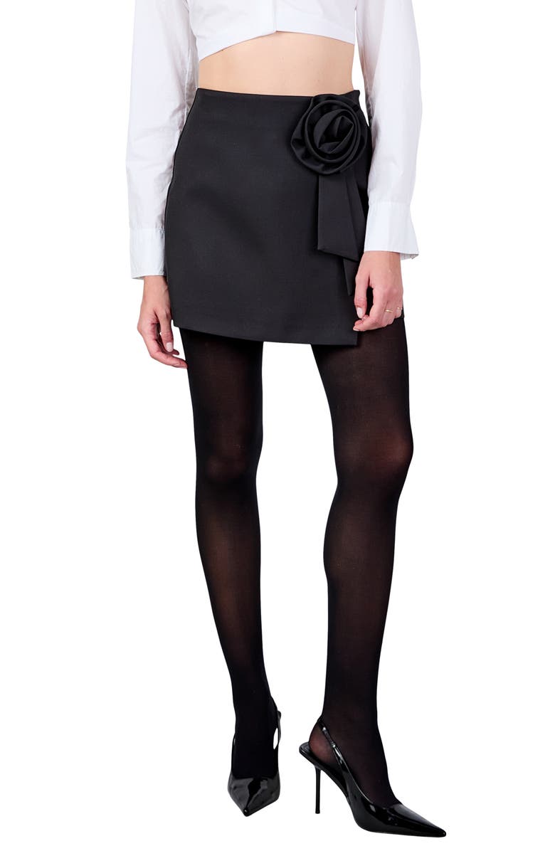 Endless Rose Rosette Faux Wrap Miniskirt, Main, color, Black