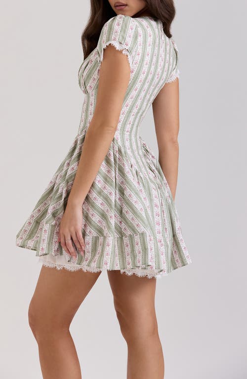 House Of Cb Womens Stripe Floral Green Emiliana Striped Floral-print Stretch-cotton Mini Dress
