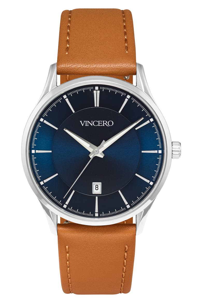 Kairos Leather Strap Watch, 38mm, Main, color, BLUE/ BROWN