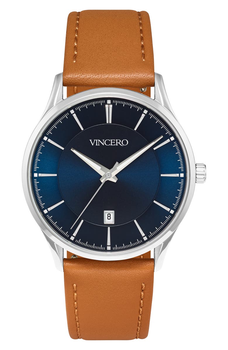 Vincero Kairos Leather Strap Watch, 38mm, Main, color, Blue/ Brown