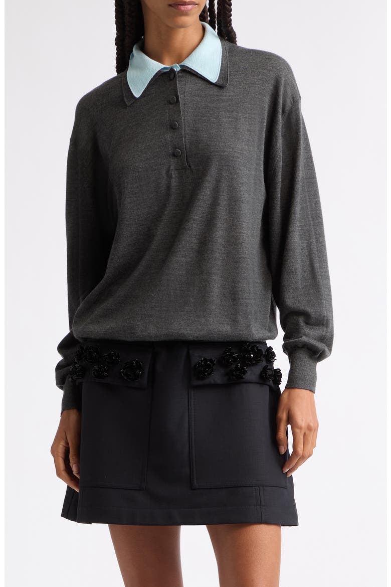 Double Collar Long Sleeve Merino Wool & Silk Polo, Main, color, GRAY BLUE