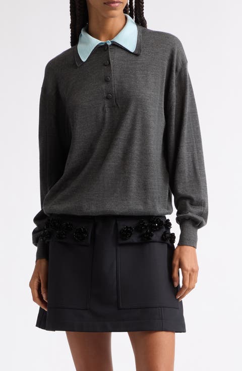 Double Collar Long Sleeve Merino Wool & Silk Polo