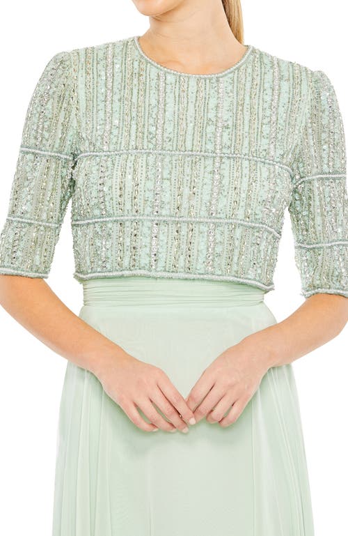 Mac Duggal Chiffon Gown With Fully Beaded Top In Sage