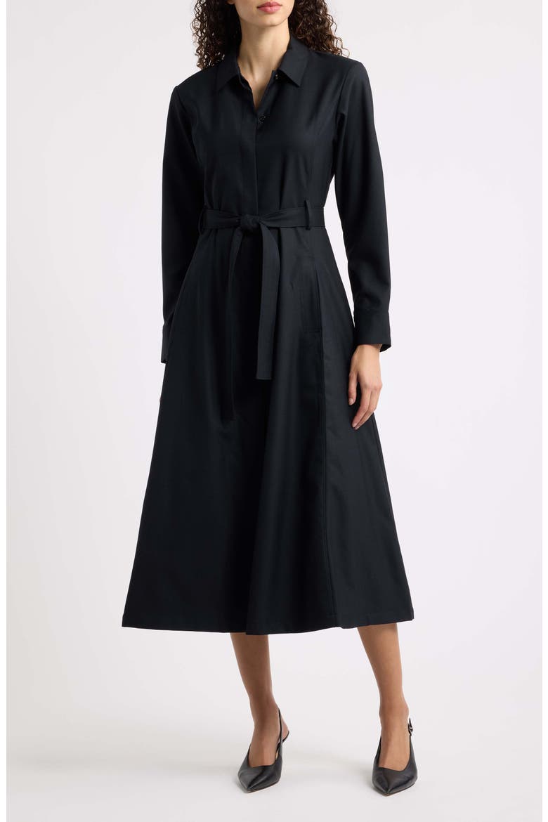 Belted Long Sleeve Midi Dress, Main, color, BLACK