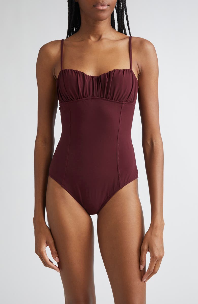 Ulla Johnson Dalila Ruched One-Piece Swimsuit, Main, color, Cassis