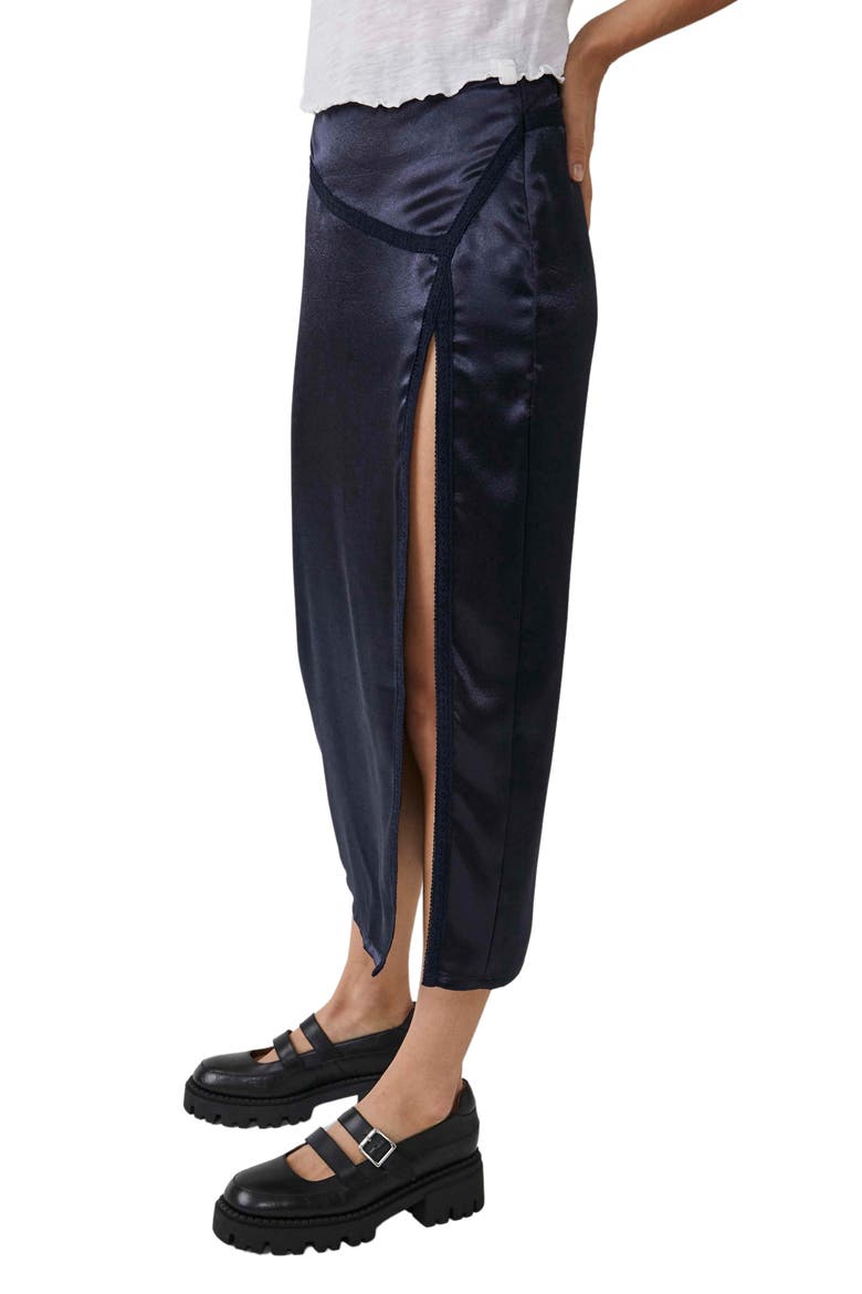 Dakota Side Slit Satin Midi Skirt, Alternate, color, NAVY