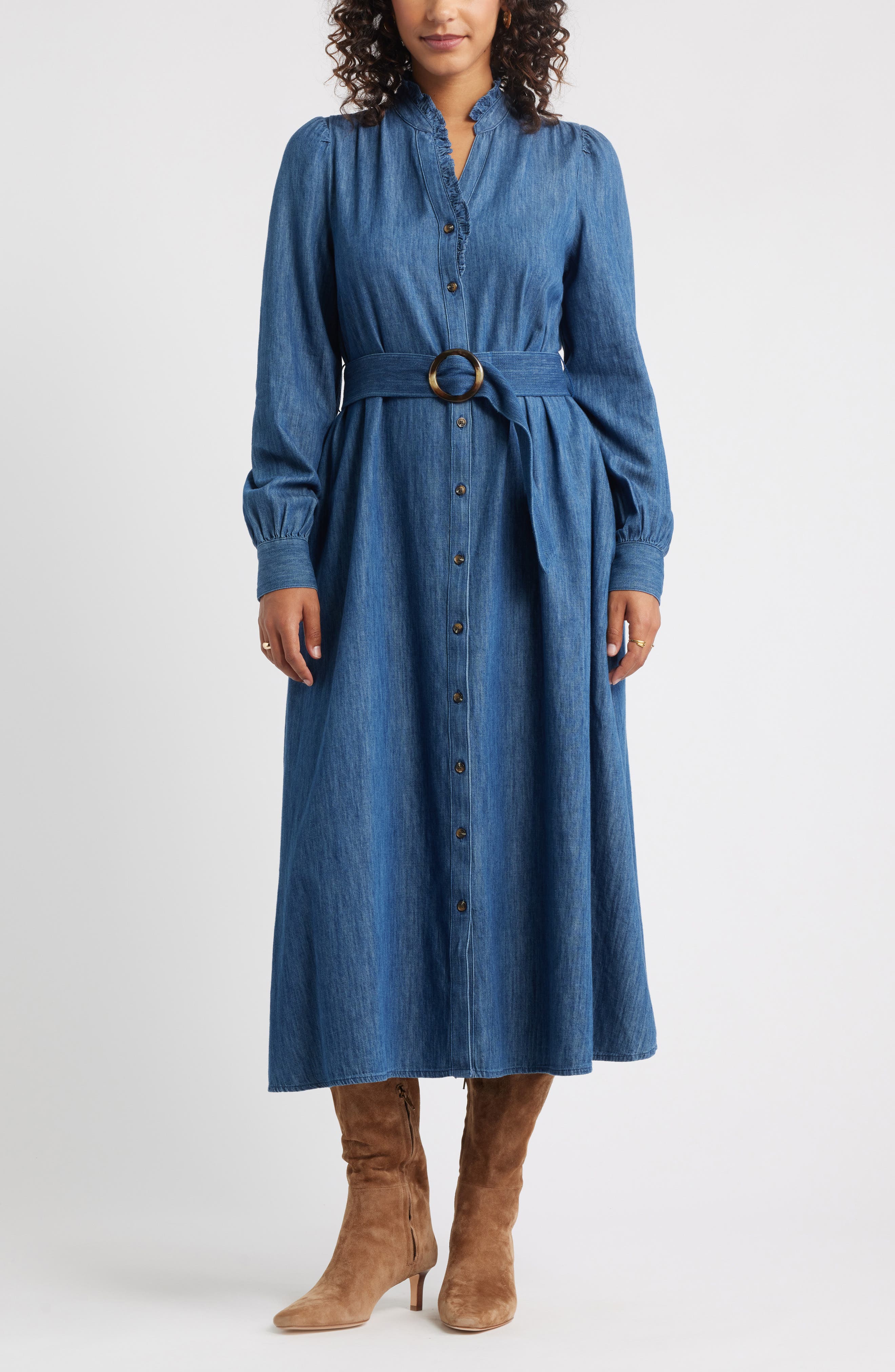Caslon® Belted Ruffle Long Sleeve Denim Shirtdress