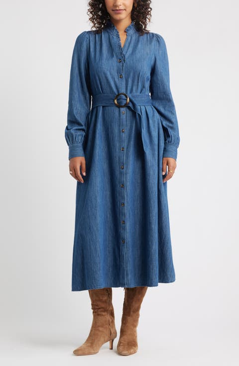 Belted Ruffle Long Sleeve Denim Shirtdress