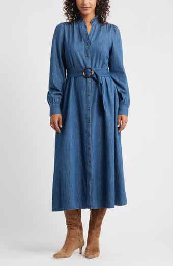 Caslon® Belted Ruffle Long Sleeve Denim Shirtdress