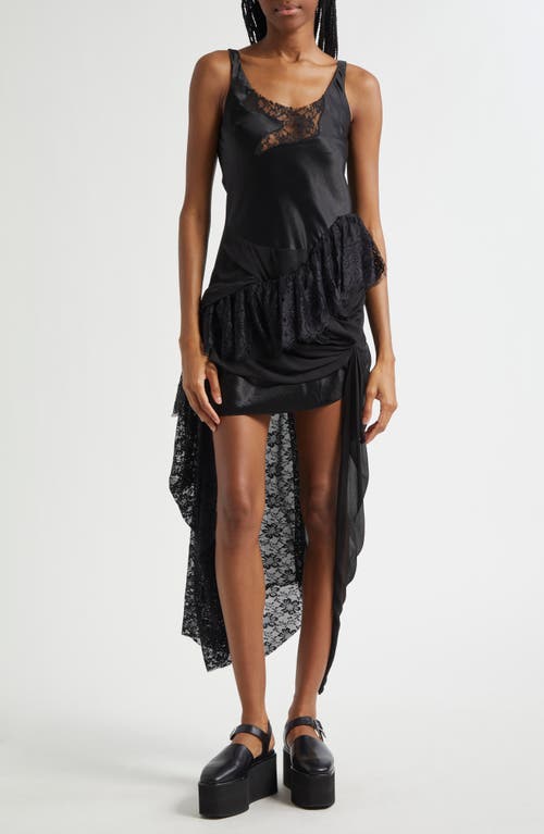 Collina Strada Ammi Fanny Asymmetric Satin & Lace Tank Dress In Black