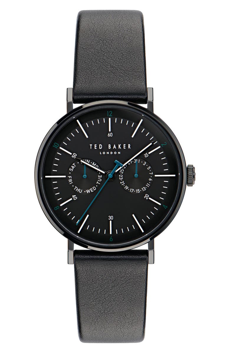 Ted Baker London Timeless RSST Leather Strap Watch, 41mm, Main, color, Black