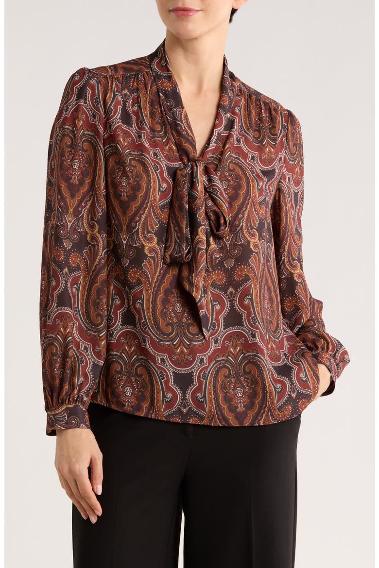 Tie Neck Georgette Top, Main, color, BROWN PAISLEY