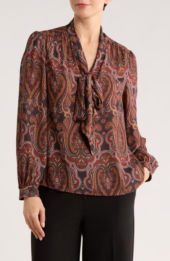 Gemma + Jane Tie Neck Georgette Top In Brown