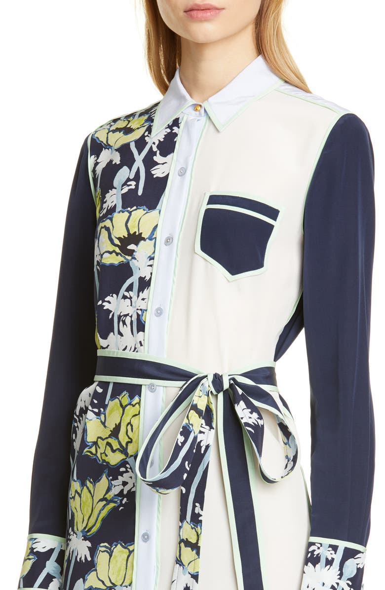 Tory Burch Silk Patchwork Long Sleeve Dress, Alternate, color, 