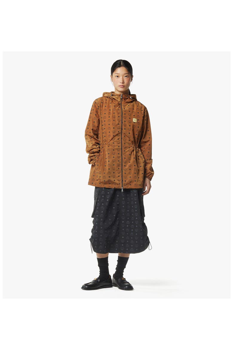 Monogram Print Hooded Windbreaker in Recycled Nylon, Alternate, color, Cognac