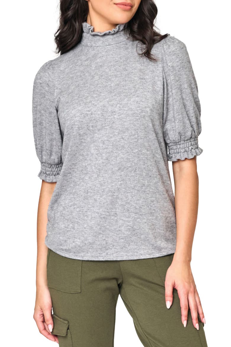 Ruffle Mock Neck Puff Sleeve Sweater, Main, color, HEATHER GREY