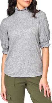 GIBSONLOOK Ruffle Mock Neck Puff Sleeve Sweater