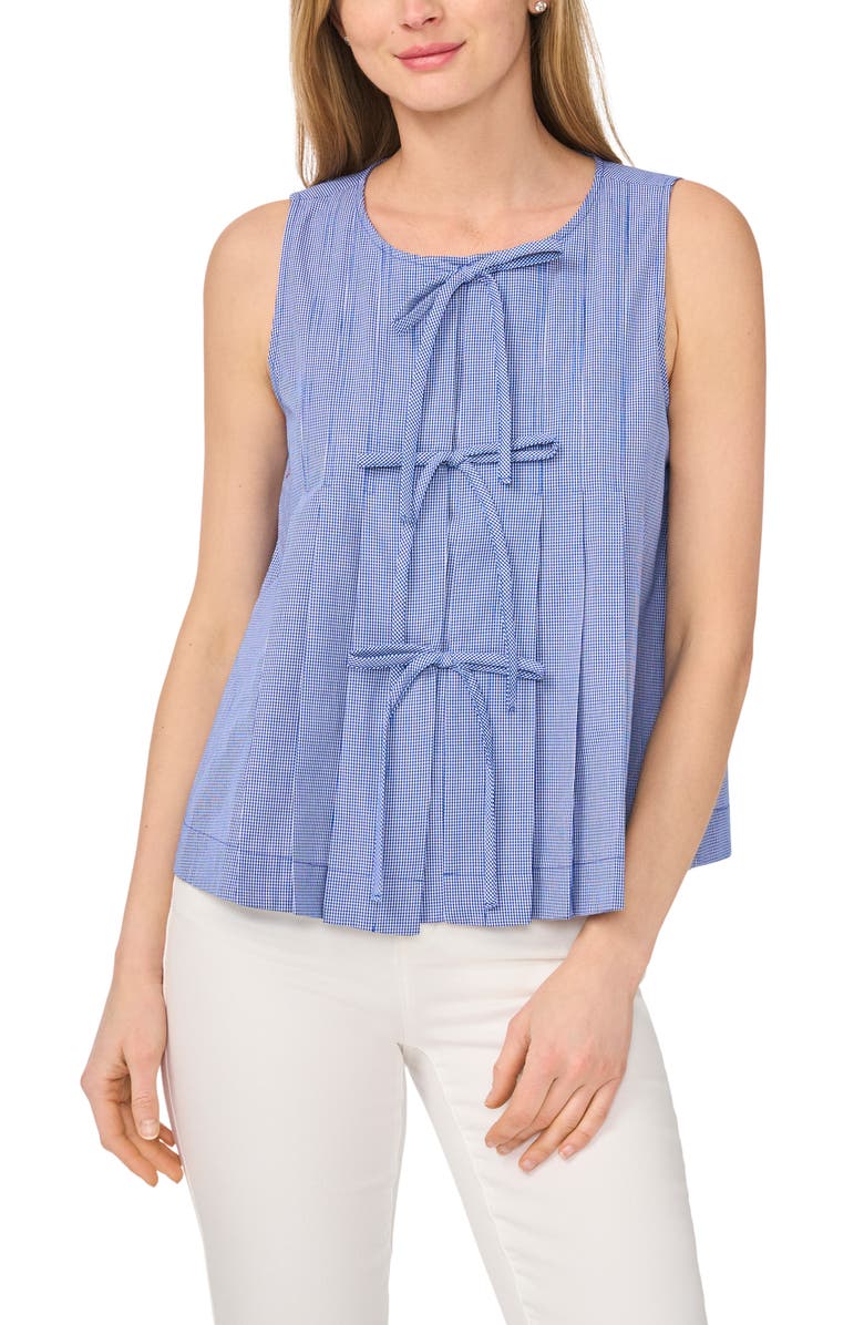 CeCe Bow Pleated Sleeveless Top, Main, color, Blue/ White