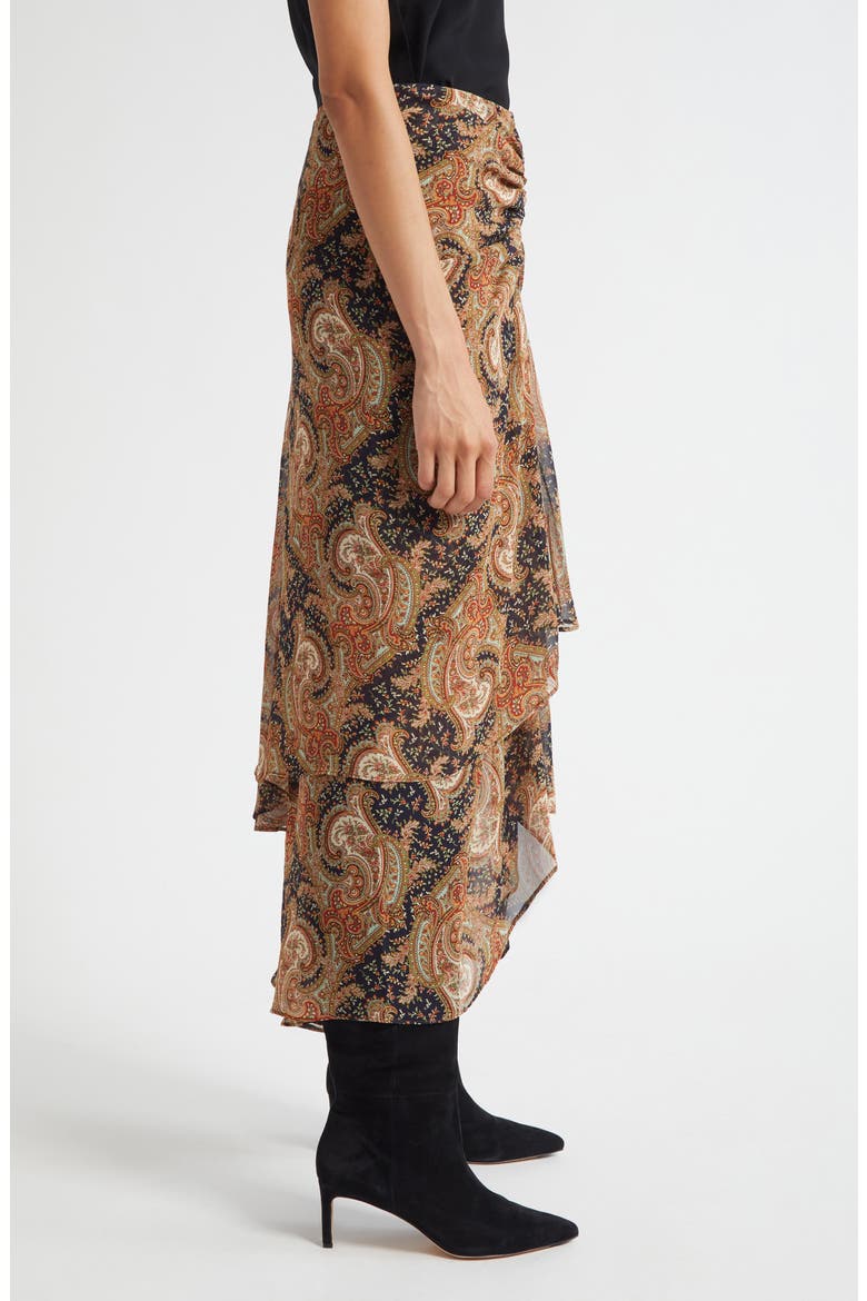 Sira Paisley Print Ruffle Silk High-Low Skirt, Alternate, color, NAVY/ RUST MULTI