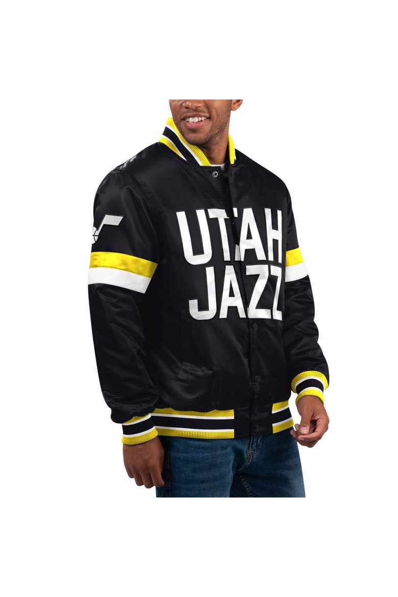 Men's Starter Black Utah Jazz Home Game Satin Full-Snap Varsity Jacket, Main, color, Black
