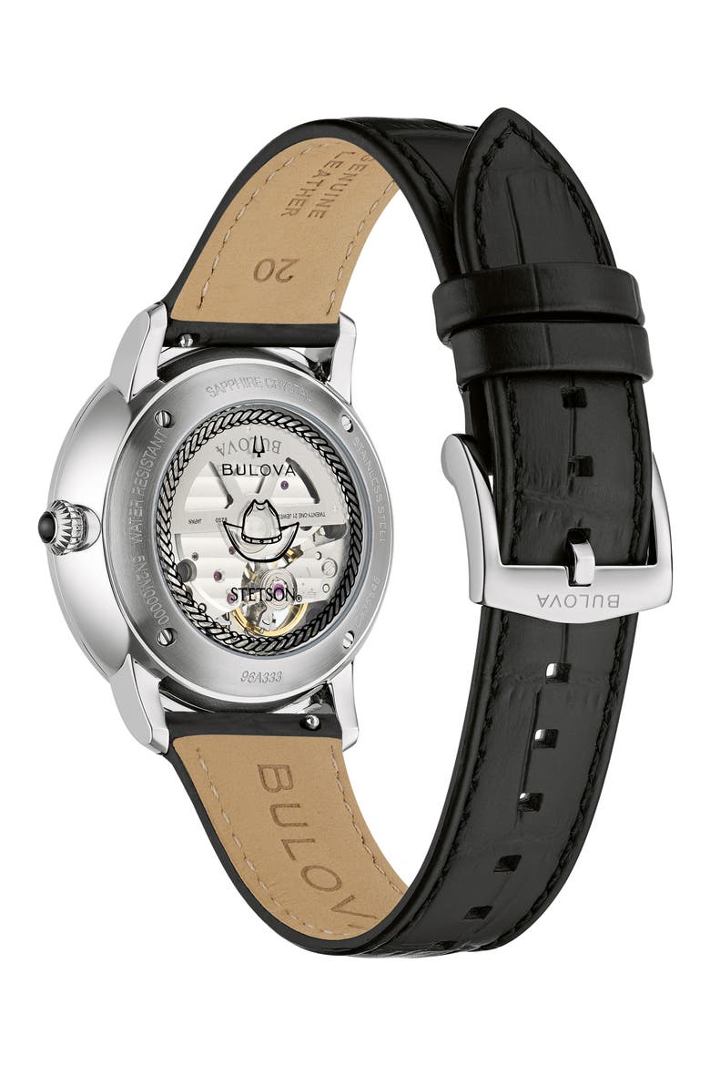 x Stetson Bison Automatic Leather Strap Watch, 39mm, Alternate, color, SILVER-TONE
