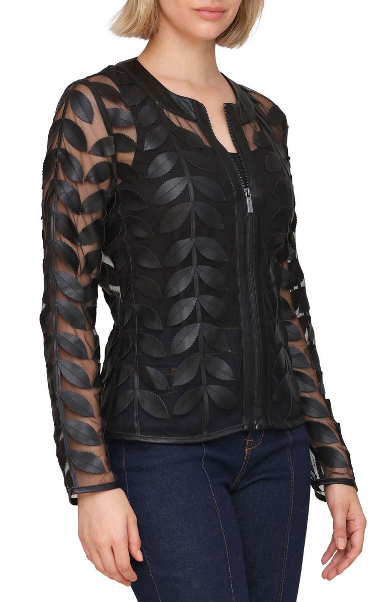 Bagatelle Mesh Leaf Jacket with Faux Leather Trim, Alternate, color, Black