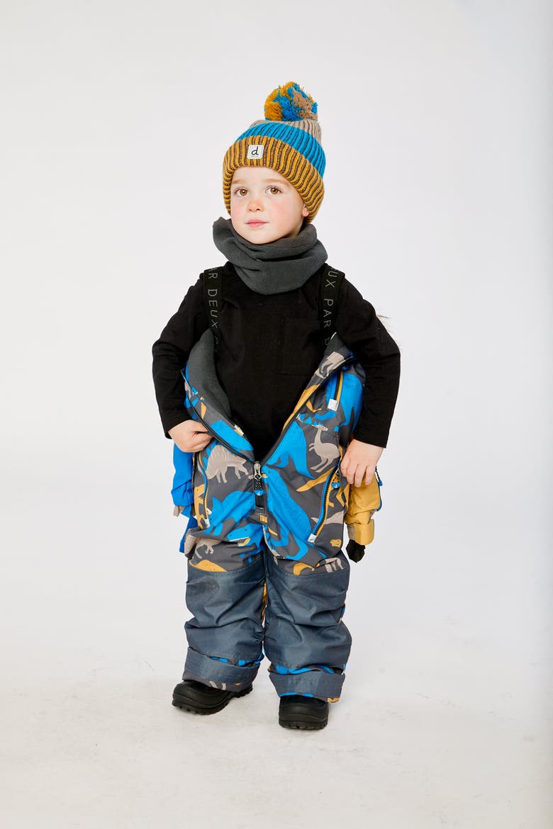 Play Dinosaur Faux Fur Hood Fleece Neckwarmer One Piece Snowsuit, Alternate, color, Grey and Blue Dinosaur Print