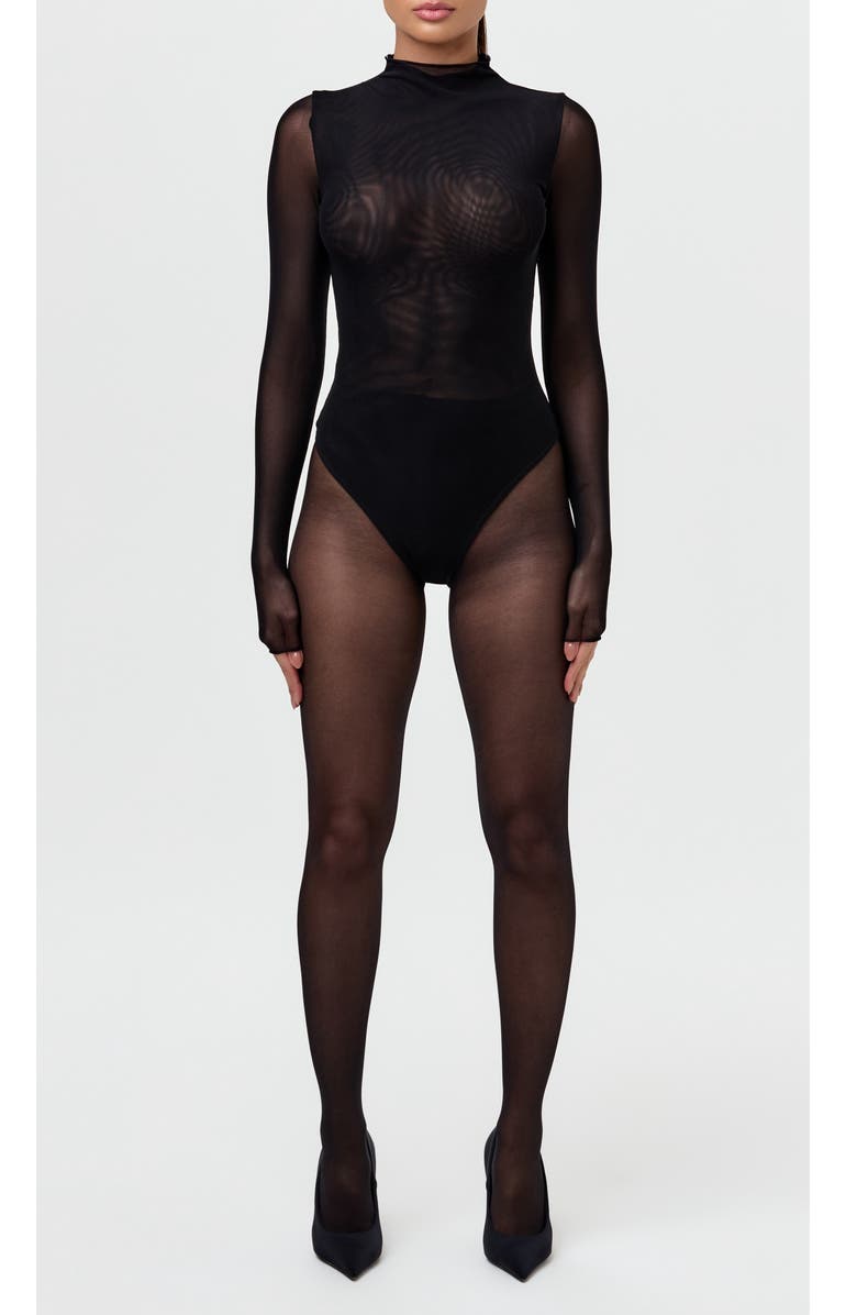 Naked Wardrobe Sheer Stretch Mesh Bodysuit, Alternate, color, Black