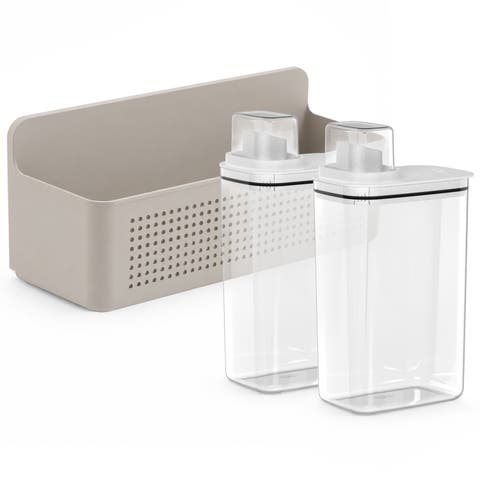 Clear Airtight 77oz Laundry Detergent Dispenser Set with Measuring Cap and Wall Mounted Storage Basket, 3 Piece Organizer