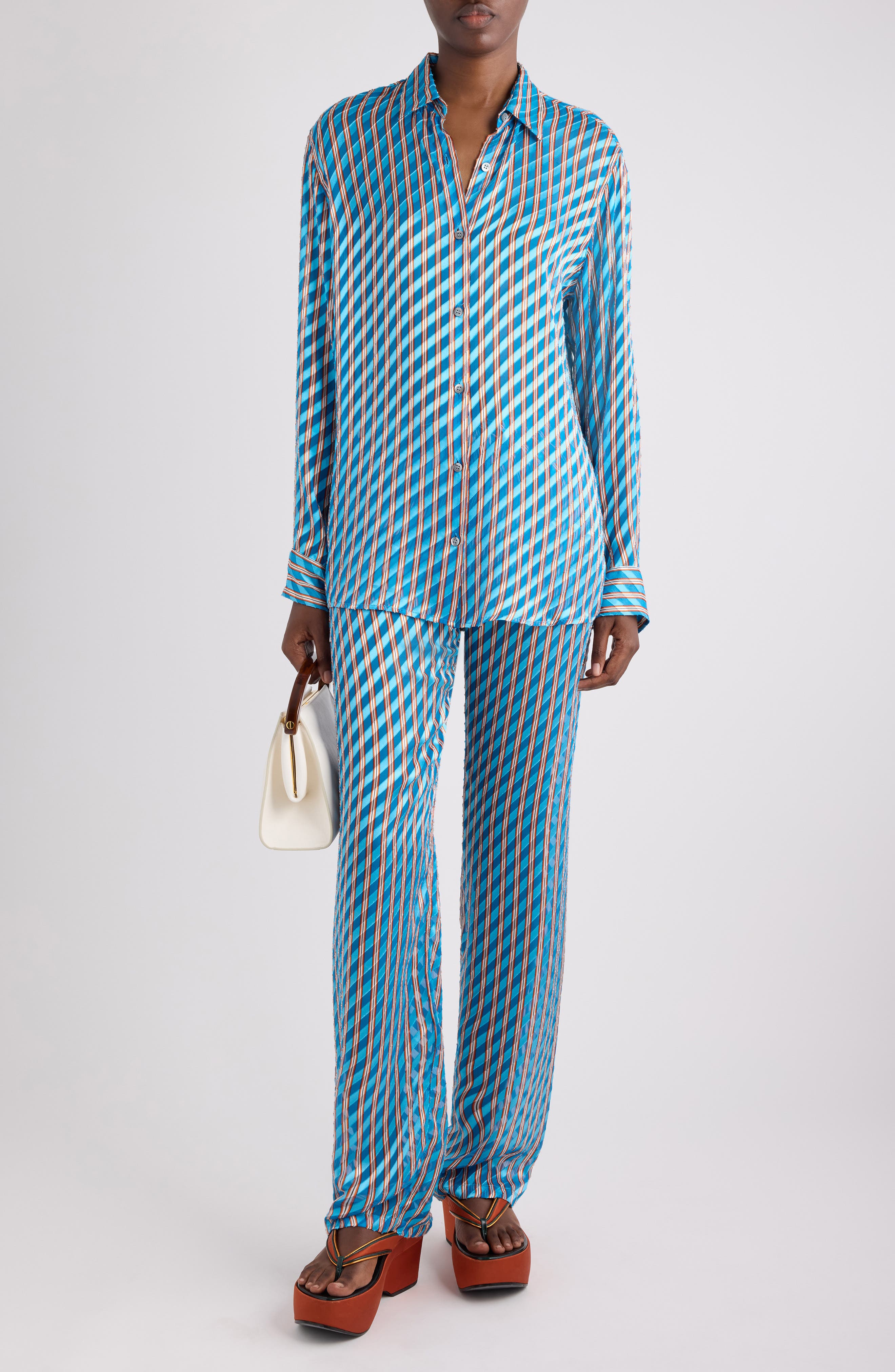 Clavelly Devore Diagonal Stripe Button-Up Shirt - image 2
