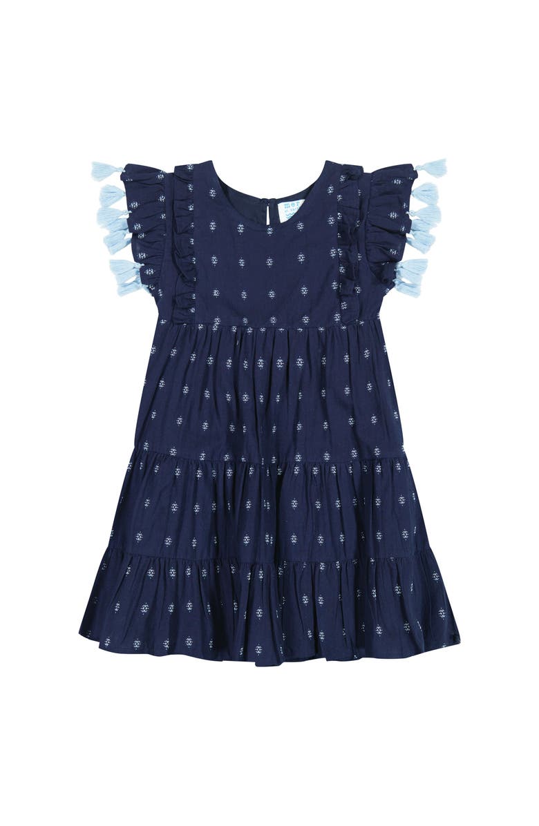 Mer St. Barth Sophie Girl's Tassel Dress Navy Turquoise Swiss Dot, Main, color, Navy Turquoise Swiss Dot