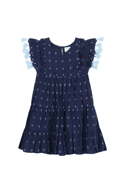 Sophie Girl's Tassel Dress Navy Turquoise Swiss Dot