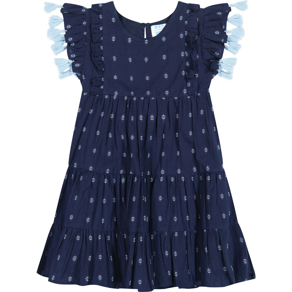 Mer St. Barth Sophie Girl's Tassel Dress Navy Turquoise Swiss Dot In Navy Turquoise Swiss Dot