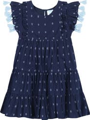Mer St. Barth Sophie Girl's Tassel Dress Navy Turquoise Swiss Dot