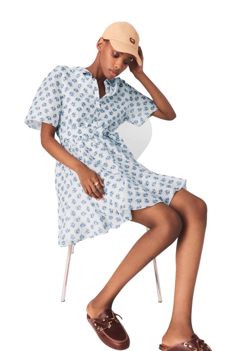 Short patterned linen-blend dress, Alternate, color, Blue small flowers print