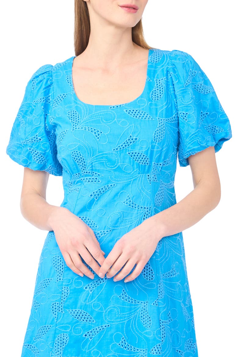 Embroidered Eyelet Bubble Sleeve Cotton Midi Dress, Alternate, color, BLUE SPRITZ
