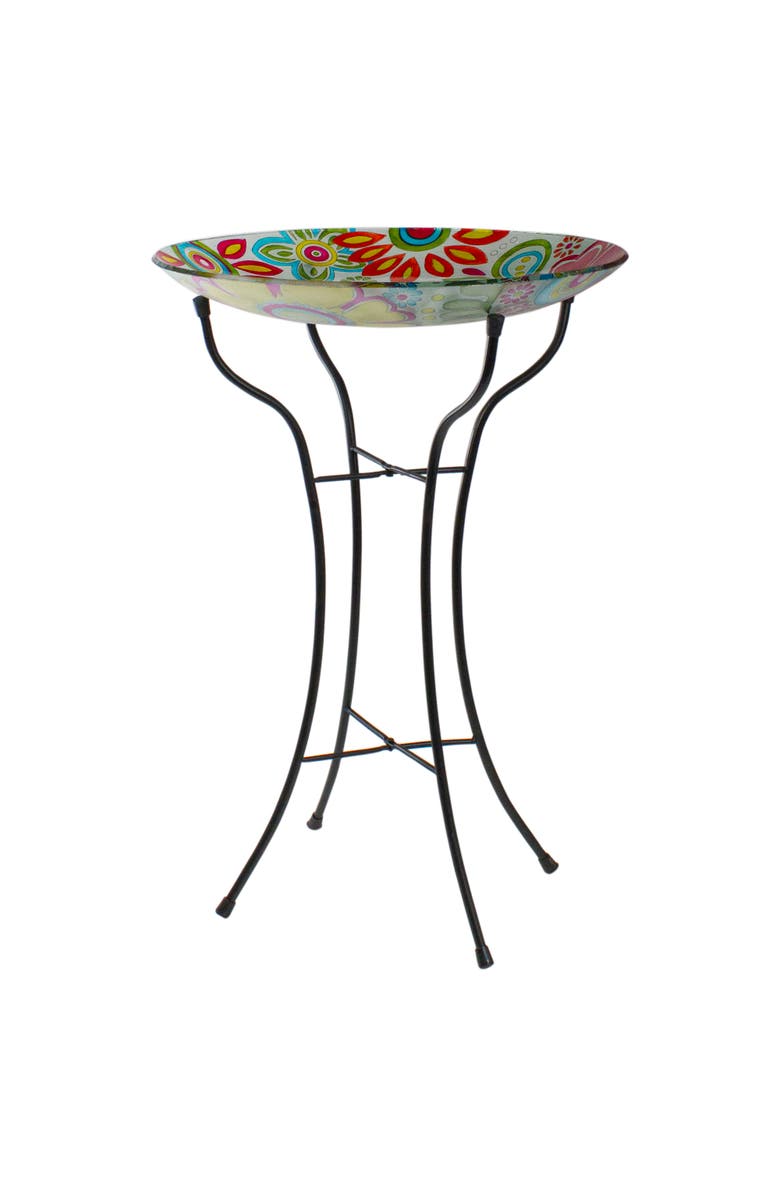 Northlight 18" Pastel Pink and Blue Flowers Hand Painted Glass Outdoor Patio Bird Bath, Alternate, color, Blue