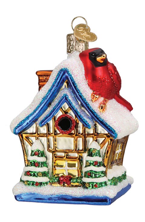Cardinal Birdhouse Glass Ornament