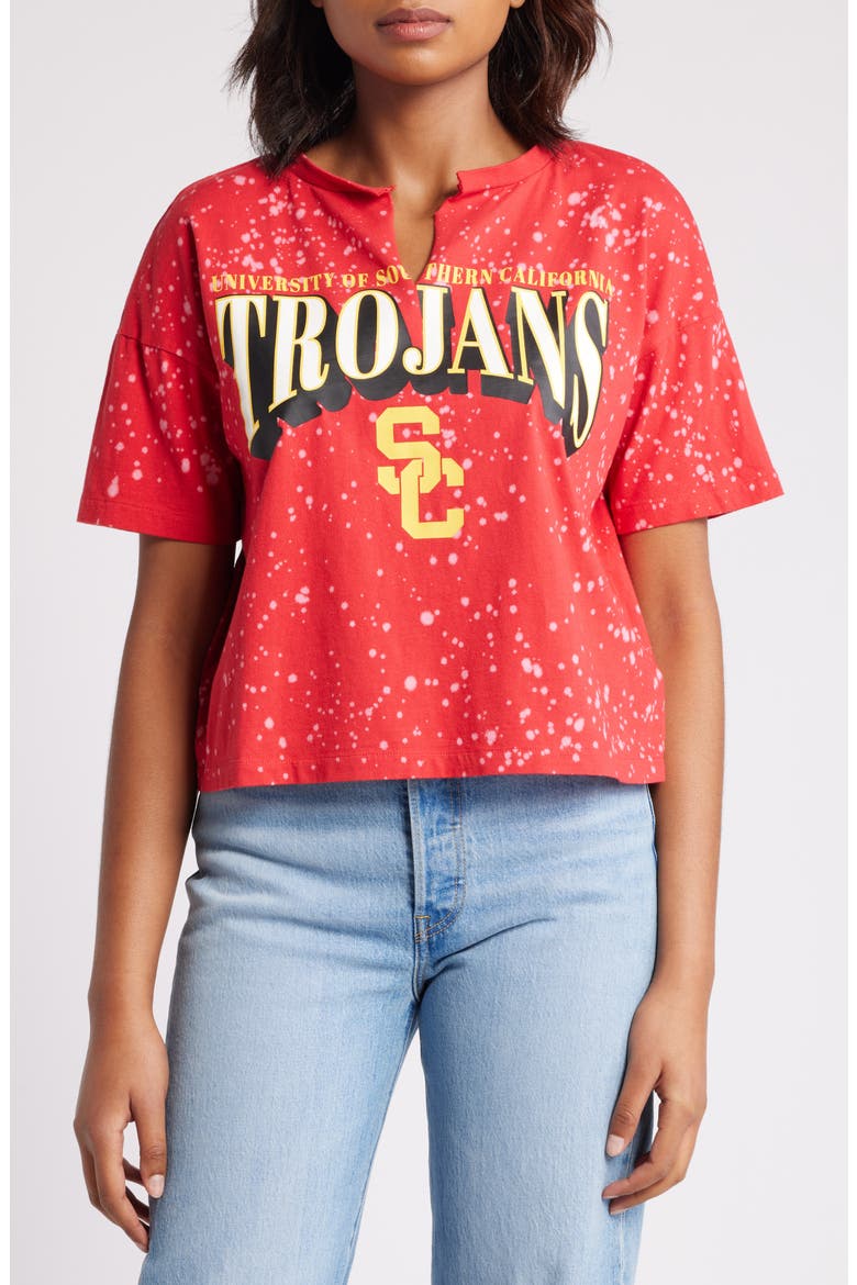 Women's WEAR by Erin Andrews Cardinal USC Trojans Bleach Wash Splatter Cropped Notch Neck T-Shirt, Main, color, Cardinal