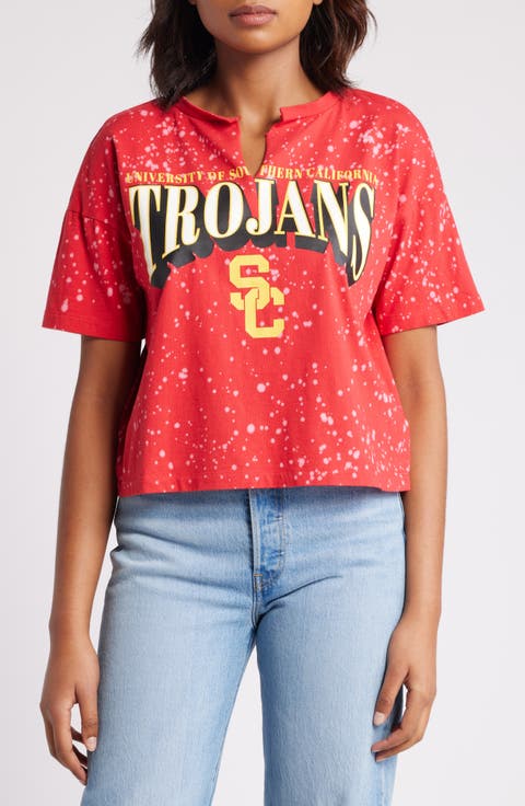 Women's WEAR by Erin Andrews Cardinal USC Trojans Bleach Wash Splatter Cropped Notch Neck T-Shirt