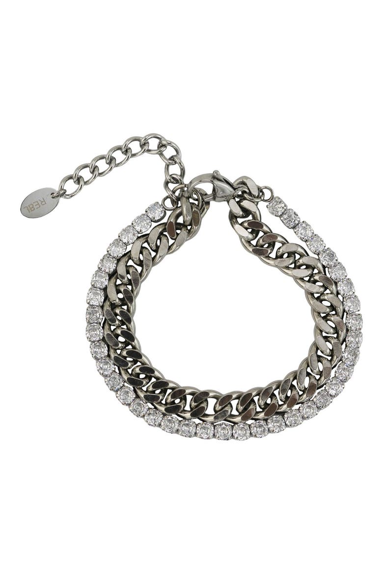 Cubic Zirconia & Curb Chain Layered Bracelet, Main, color, SILVER/ GREY