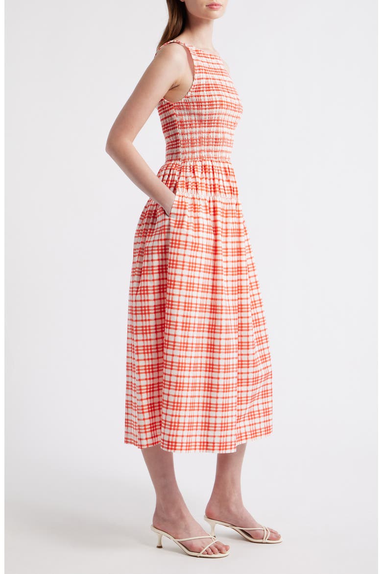 Smocked Plaid Sleeveless Midi Dress, Alternate, color, RED