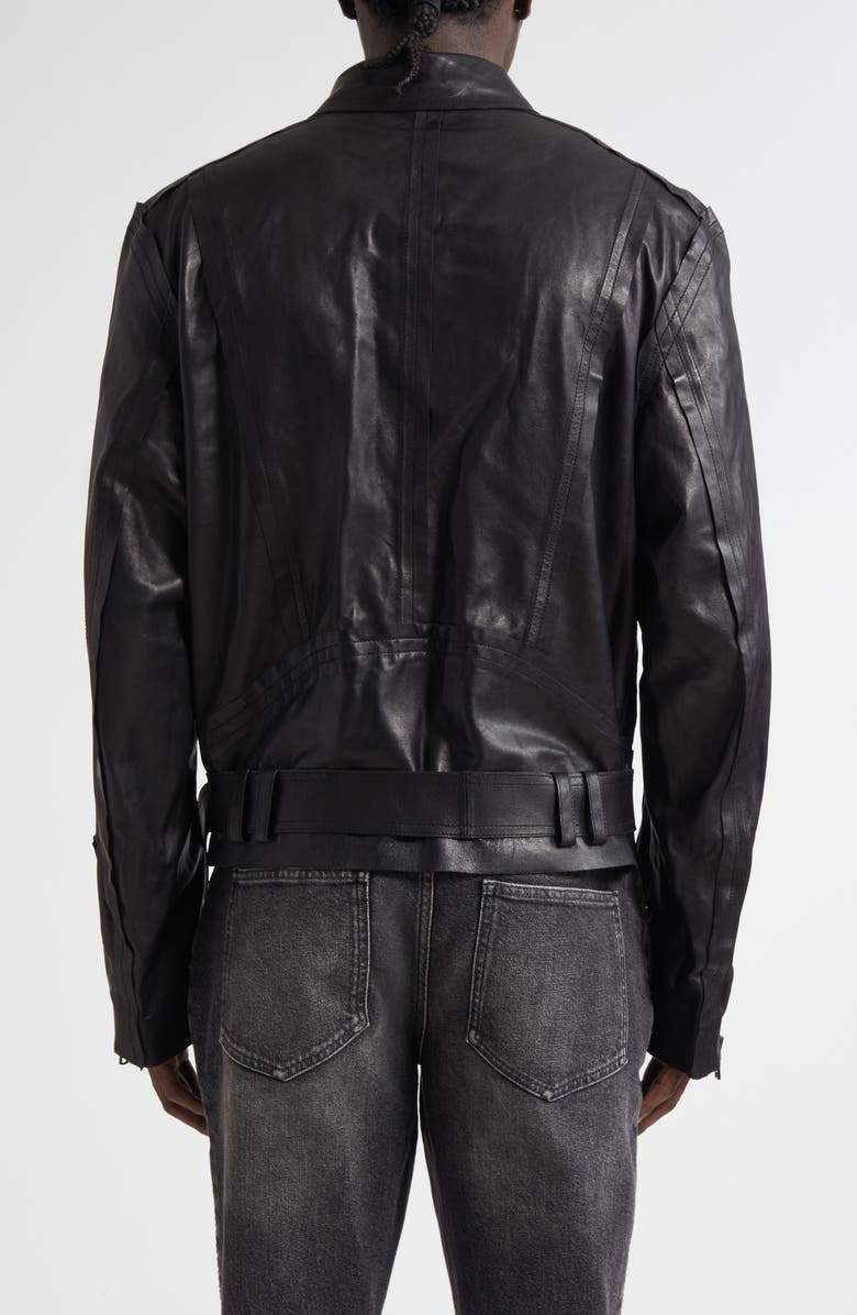 Balmain Belted Lightweight Lambskin Leather Biker Jacket, Alternate, color, Black
