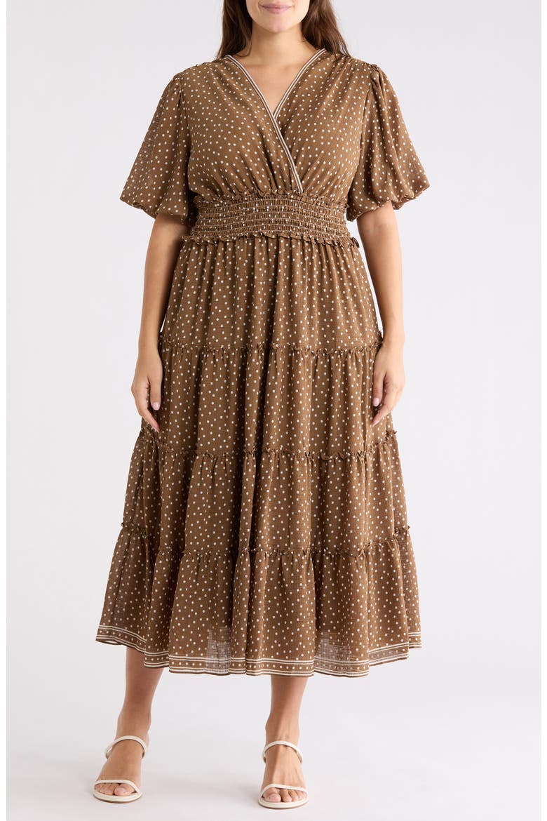 Print Puff Sleeve V-Neck Dress, Main, color, MOCHA/ IVORY