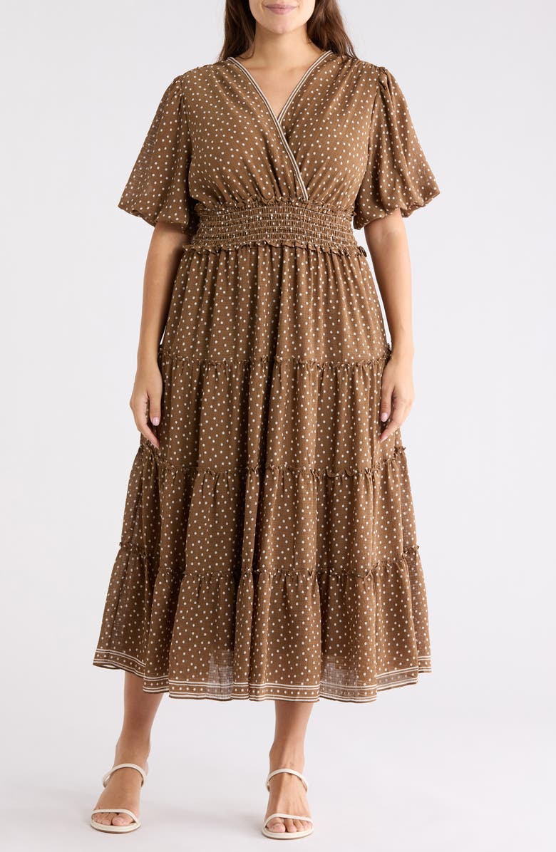 MAX STUDIO Print Puff Sleeve V-Neck Dress, Main, color, Mocha/ Ivory