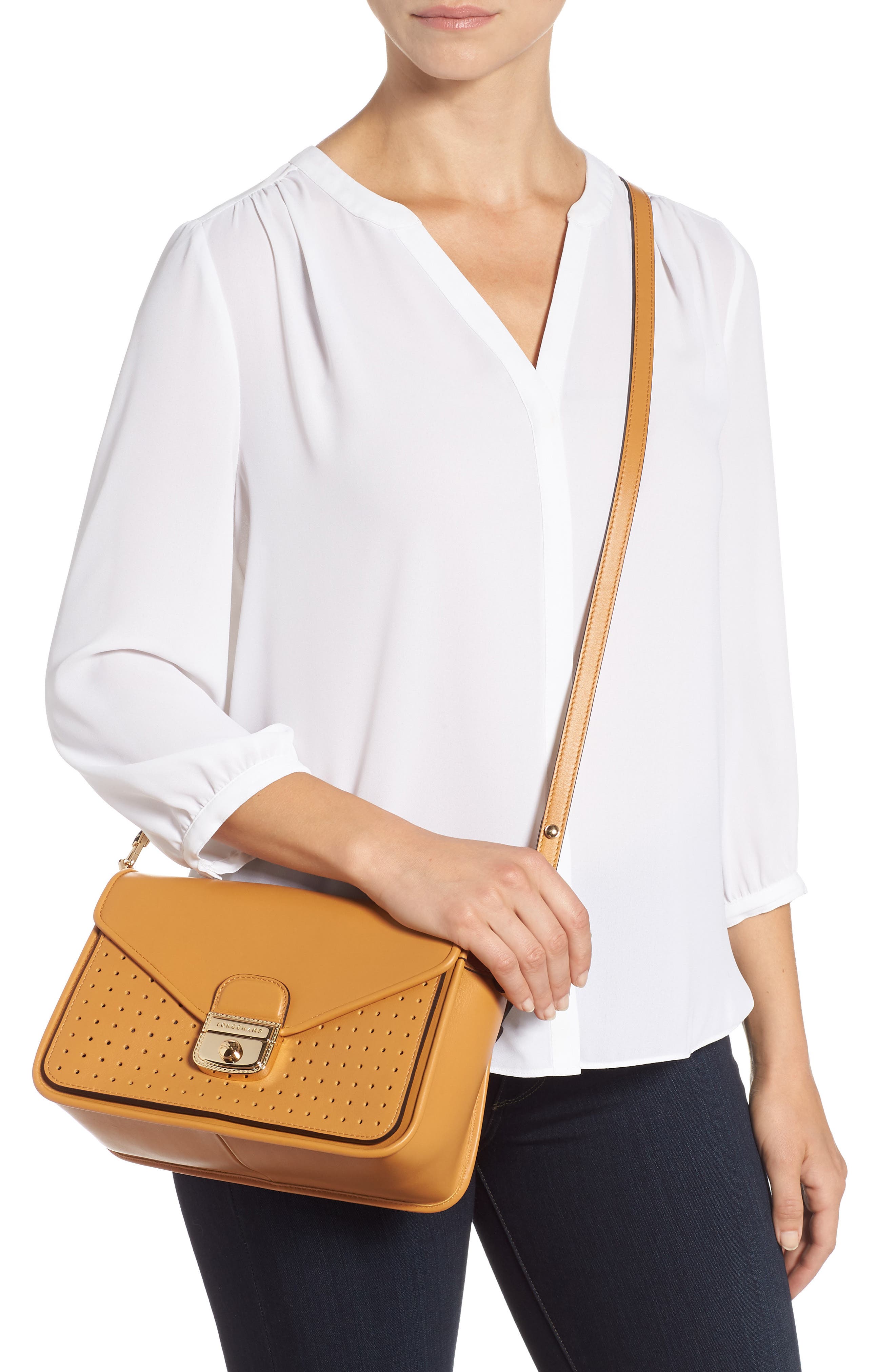 Longchamp Mademoiselle Calfskin Leather Crossbody Bag, Alternate, color, Honey