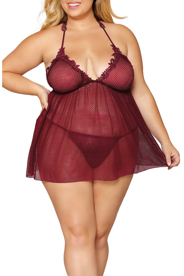 Lace Trim Mesh Babydoll Chemise & G-String Thong, Main, color, BURGUNDY
